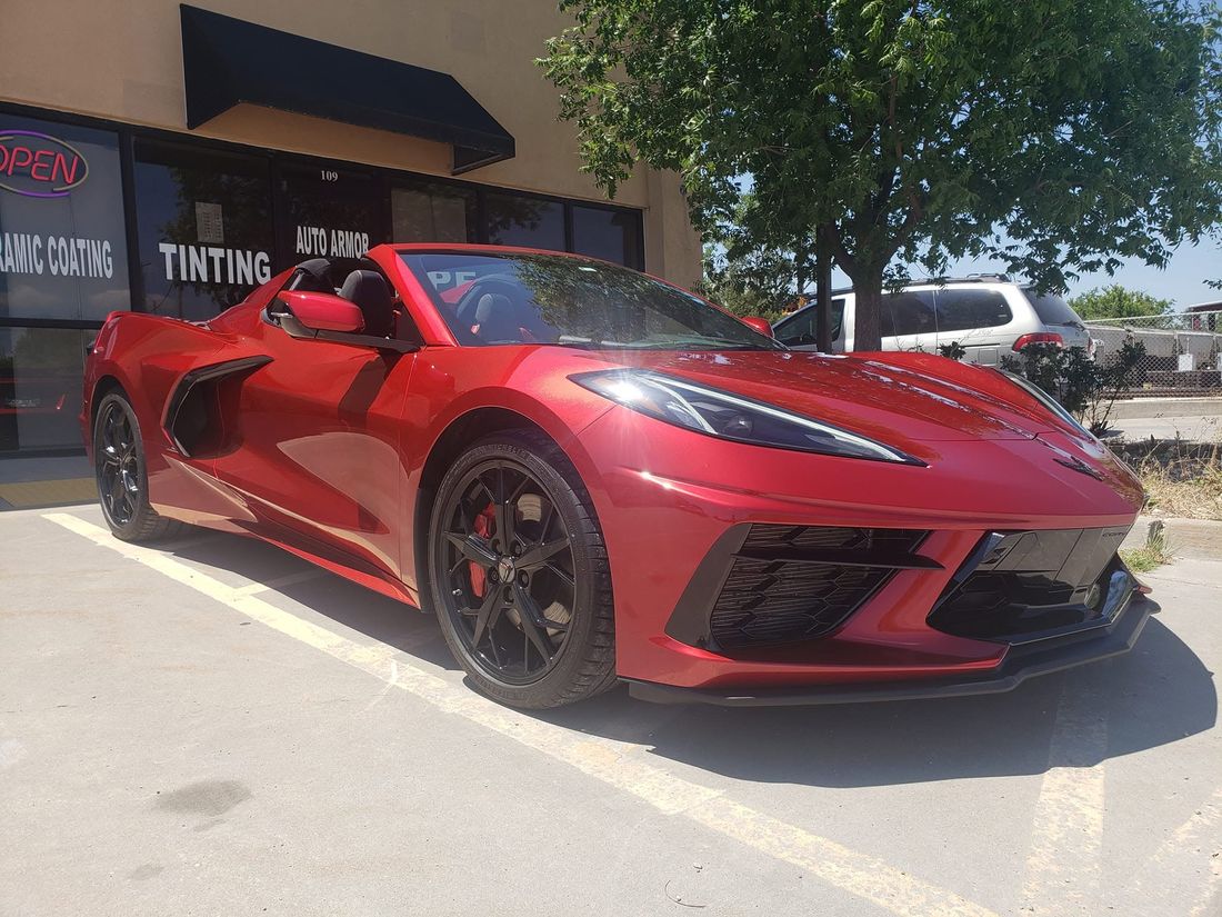 Red C8 Corvette outside Auto Armor Owasso